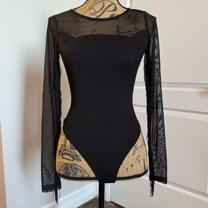 Urban Outfitters Black Sheer Mesh Long-Sleeve Bodysuit with Fringe